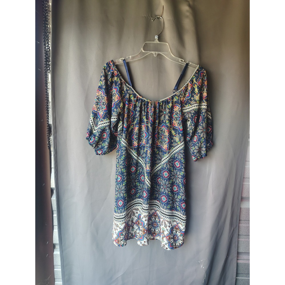Bailey Blue Womens Boho Paisley Cold‎ Shoulder Mini Dress Navy Blue Small